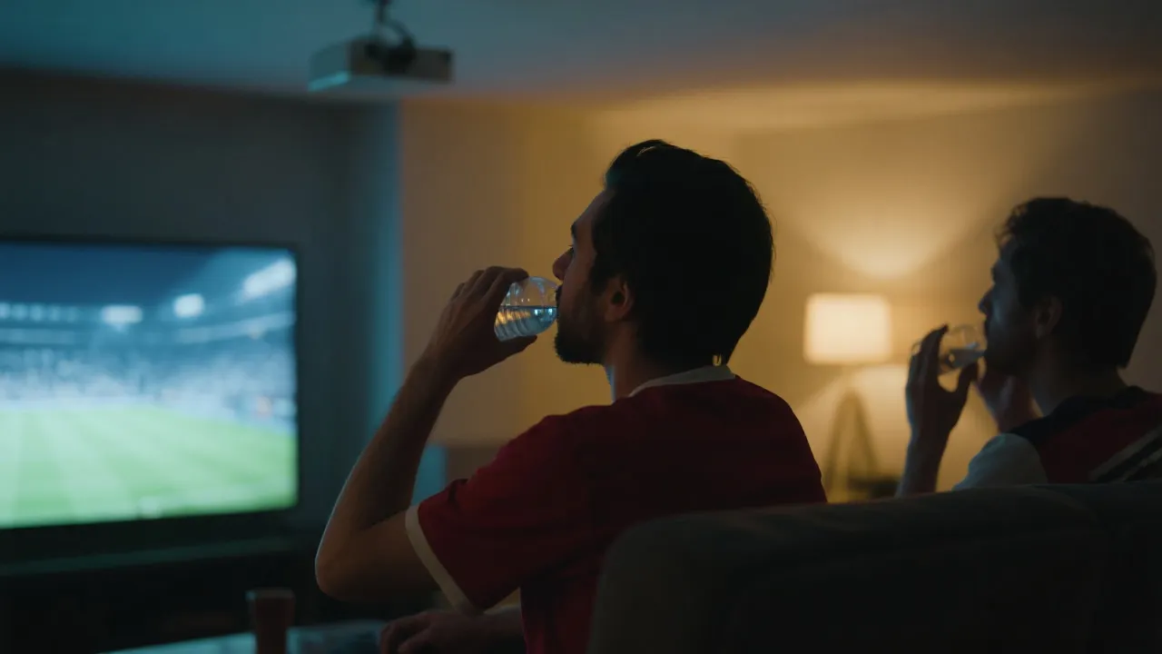 夜间熬夜观赛的球迷在室内柔和灯光下，桌面有水杯与护眼设置