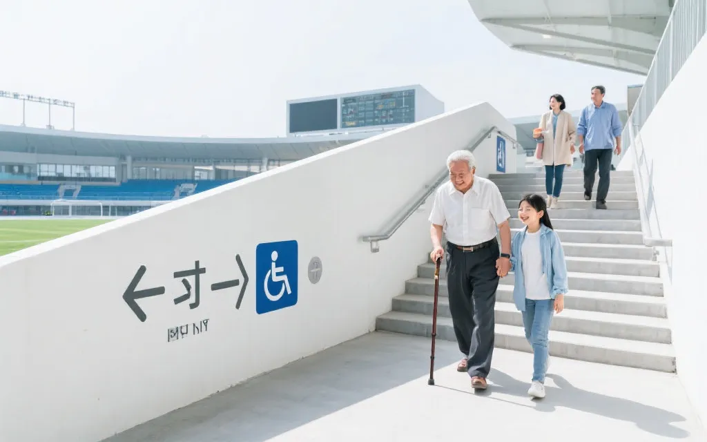 体育场馆内的无障碍坡道与清晰指引标识，家庭与老人一起通行的画面